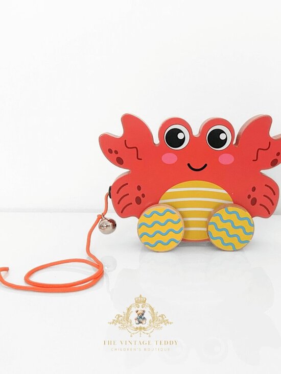 Other - NWT Cute Children's Wooden Hand-Painted Toy Pull Along Animal Trailer Red Crab